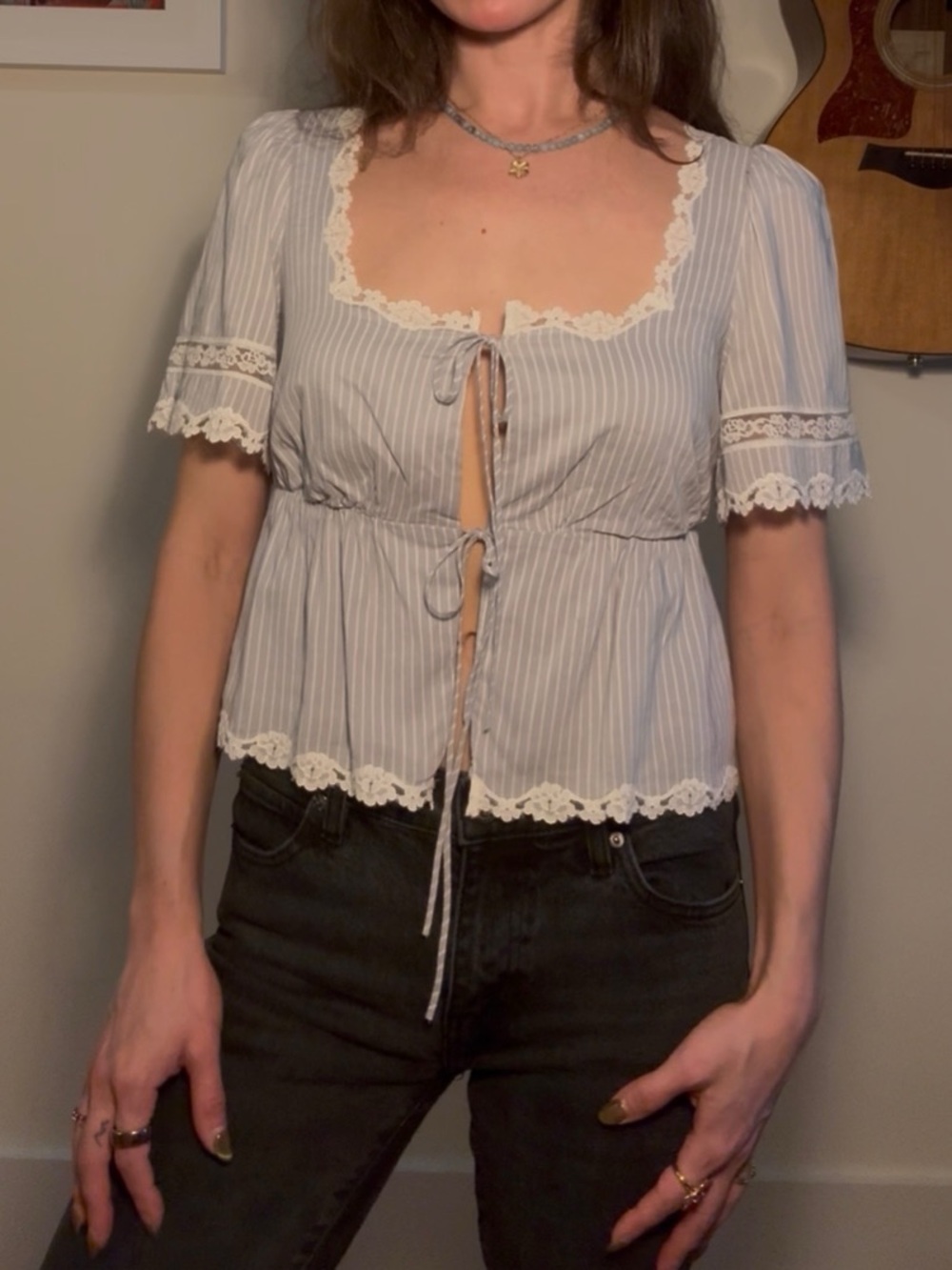 Reformation Margot Lace Trim Striped Cropped Blouse Top Blue White XS